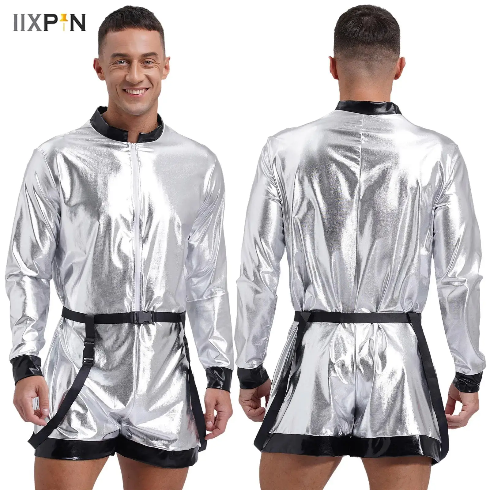 

Mens Galaxy Astronaut Cosplay Costumes Long Sleeve Front Zip Unitard Jumpsuit Metallic Shiny Space Rompers Catsuit for Halloween