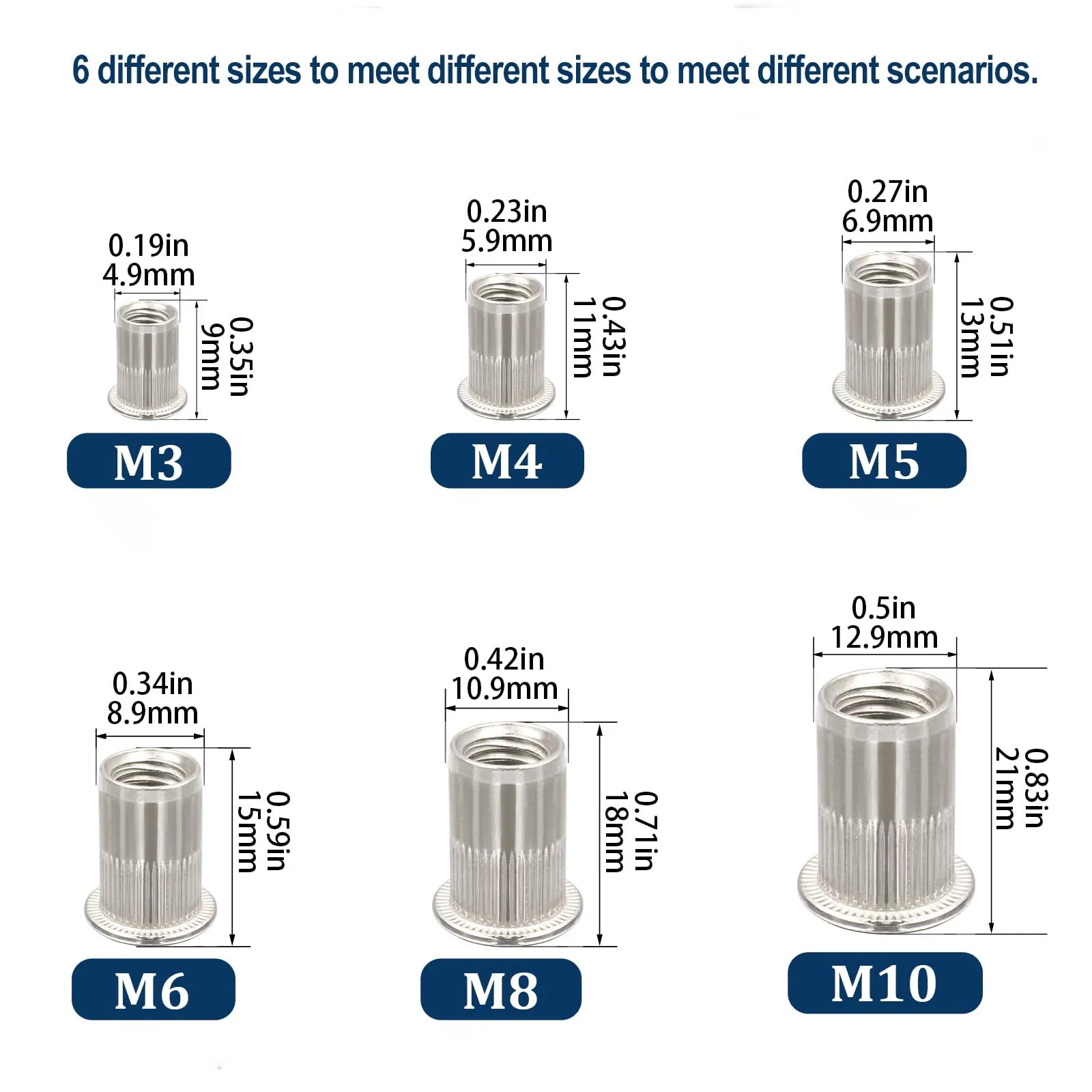 M3 M4 M5 M6 M8 M10 Rivet Nuts Assortment Kit Aluminum Flat Head Thread Insert Rivet Nuts Set 50/150/165/190/205pcs Mix Size