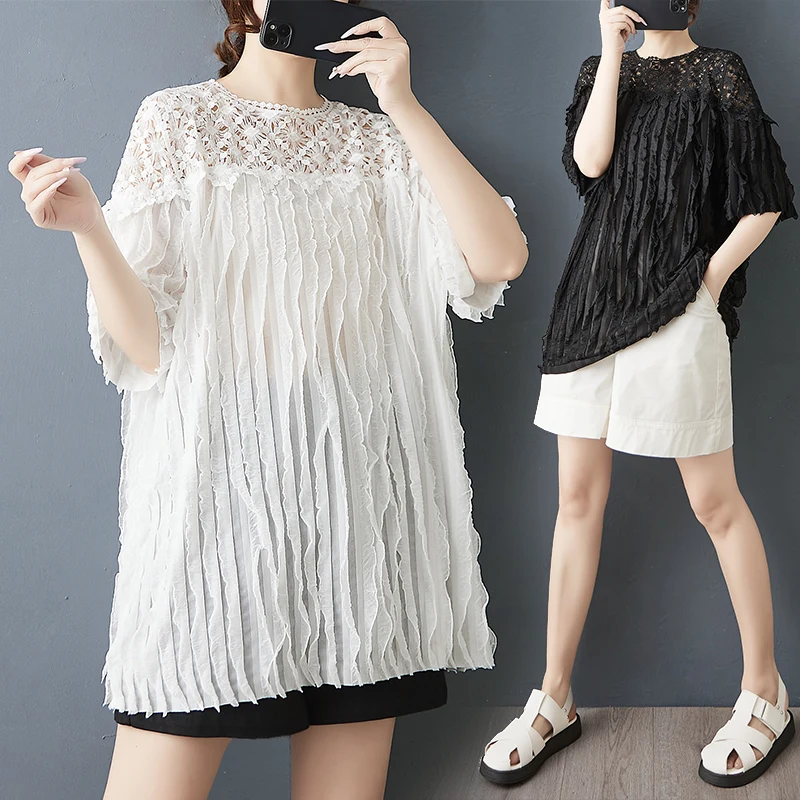 

Summer plus Size Women's T-irt Lace Hollow out Splice oulder ort Sve Midi Length Faionable Top for plus Size Ladies