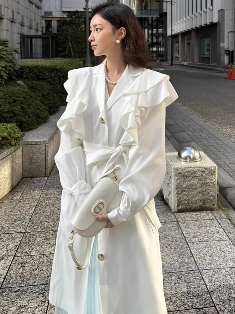 

SuperAen 2024 Korean Chic Autumn High-end Suit Collar Strap Waist Cinching Patchwork Lotus Leaf Edge Windbreaker Coat