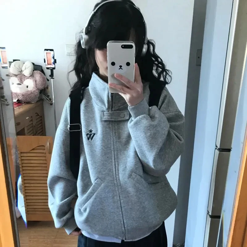 Sweat-shirt brodé pour femmes, Streetwear, Vintage américain, Harajuku, col montant, manteau d'automne, pur coton, fermeture éclair, hauts amples