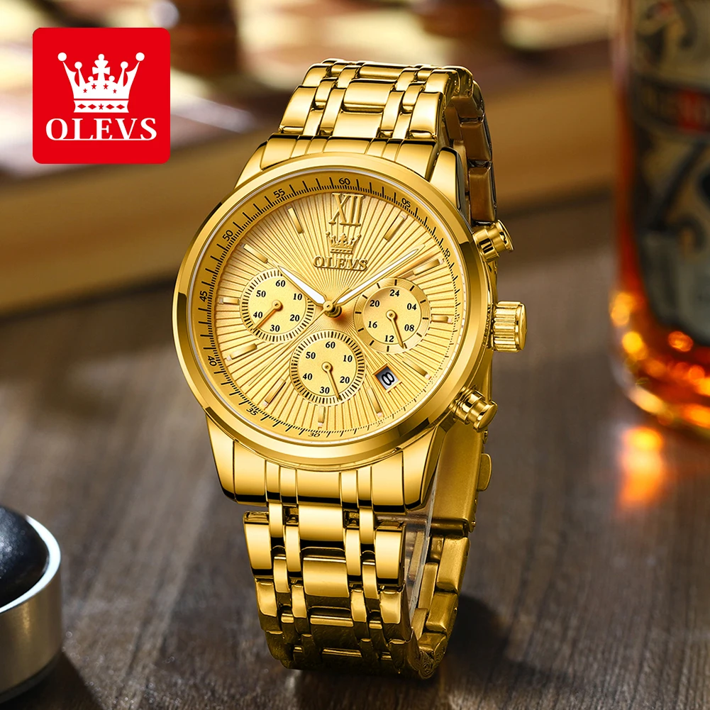 OLEVS Men's Watches Luxury Fashion Original Wristwatch Stainless Steel Strap Waterproof Luminous Chronograph Date 24 Hour Dial