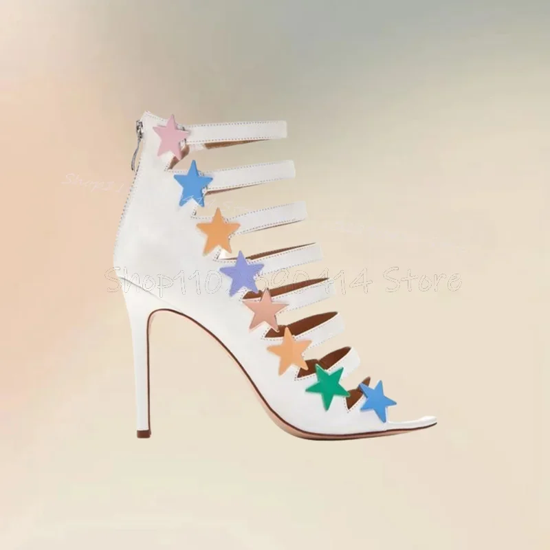 

Colorful Star Decor White Hollow Design Sandals Boots Back Zipper Women Shoes Thin High Heels Fashion 2025 Zapatos Para Mujere