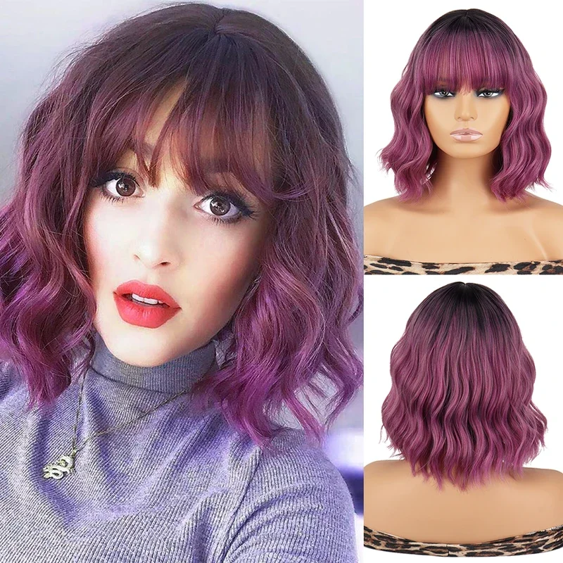 Werd Korte Bob Wave Synthetische Pruiken Paars Ombre Voor Vrouwen Met Pony Rood Roze Zwart Synthethet Natuurlijke Lolita Pruik