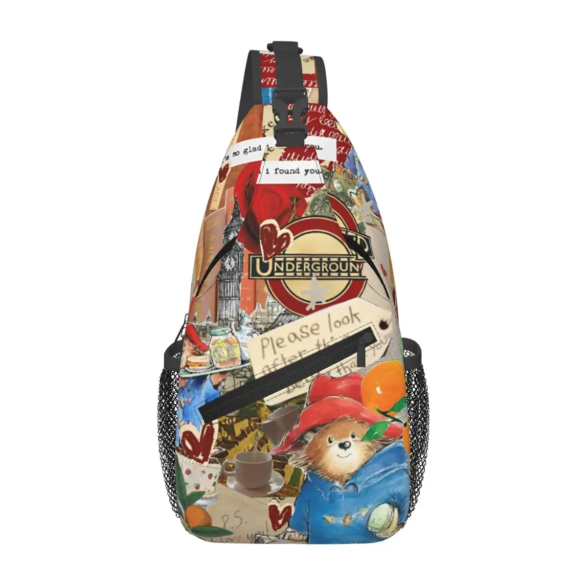 Britain Paddington Brown Bear Small Sling Bag Chest Crossbody Shoulder Backpack Outdoor Sports Daypacks Cute Movie Cartoon Print