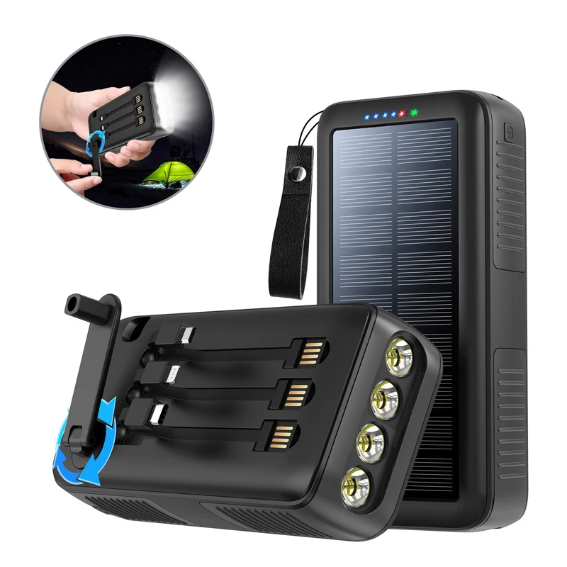 

Solar Power Bank 30000mAh with 3 Cable Hand Crank Charger Powerbank for iPhone 14 Samsung S23 Xiaomi Portable Charger Poverbank