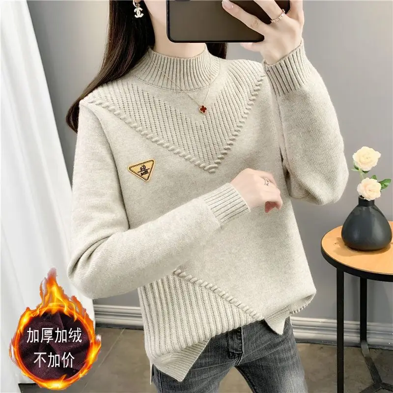 Autumn and Winter Women\'s Solid Half High Collar Long Sleeve Bright Line Decoration Epaulet Sweaters Jumpers Fashion Tops