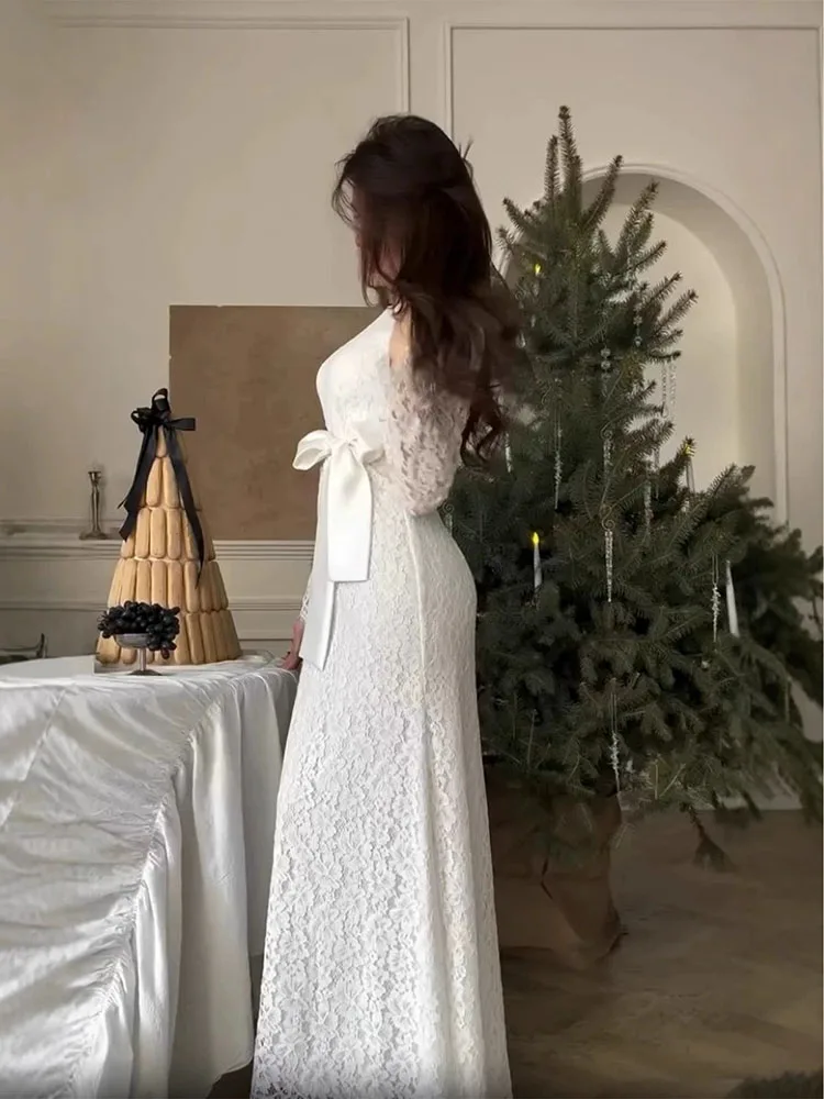 Moda feminina arco manga comprida a linha vestido outono elegante cintura alta robe vestidos senhoras o pescoço renda fino ajuste vestido de festa novo