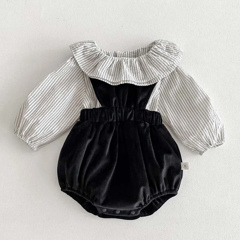 2024 New Spring 0-24M Newborn Baby Girls Clothing Set Long Sleeved Cotton Striped Shirt+Jumpsuit Infant Baby Girls Clothes Suit