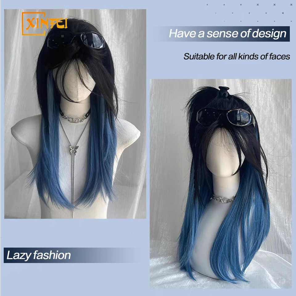 Synthetic Black And Blue Wolf Tail Wig Female Long Hair Summer Blue Highlighted Jellyfish Mullet Head Long Straight Hair Cos Wig