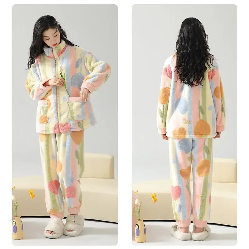 秋冬ガール暖かいインターネット有名人ホームウェアセットフランネルパジャマ韓国語バージョン女性プラスフリース厚い豪華なパジャマ