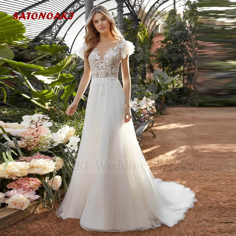 

Elegant Sexy Boho O-Neck Lace Wedding Dress for Women A-Line Cap Sleeve Appliques Beach Bride Gown Vestido De Novia Robe Custom