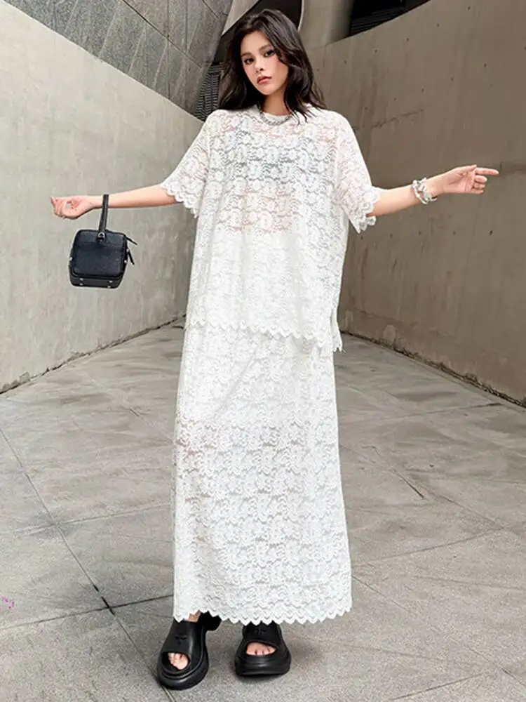 

White Lace T-shirt Half-body Skirt Two Pieces Suit New Round Neck Short Sleeve Women Fashion Spring Summer
