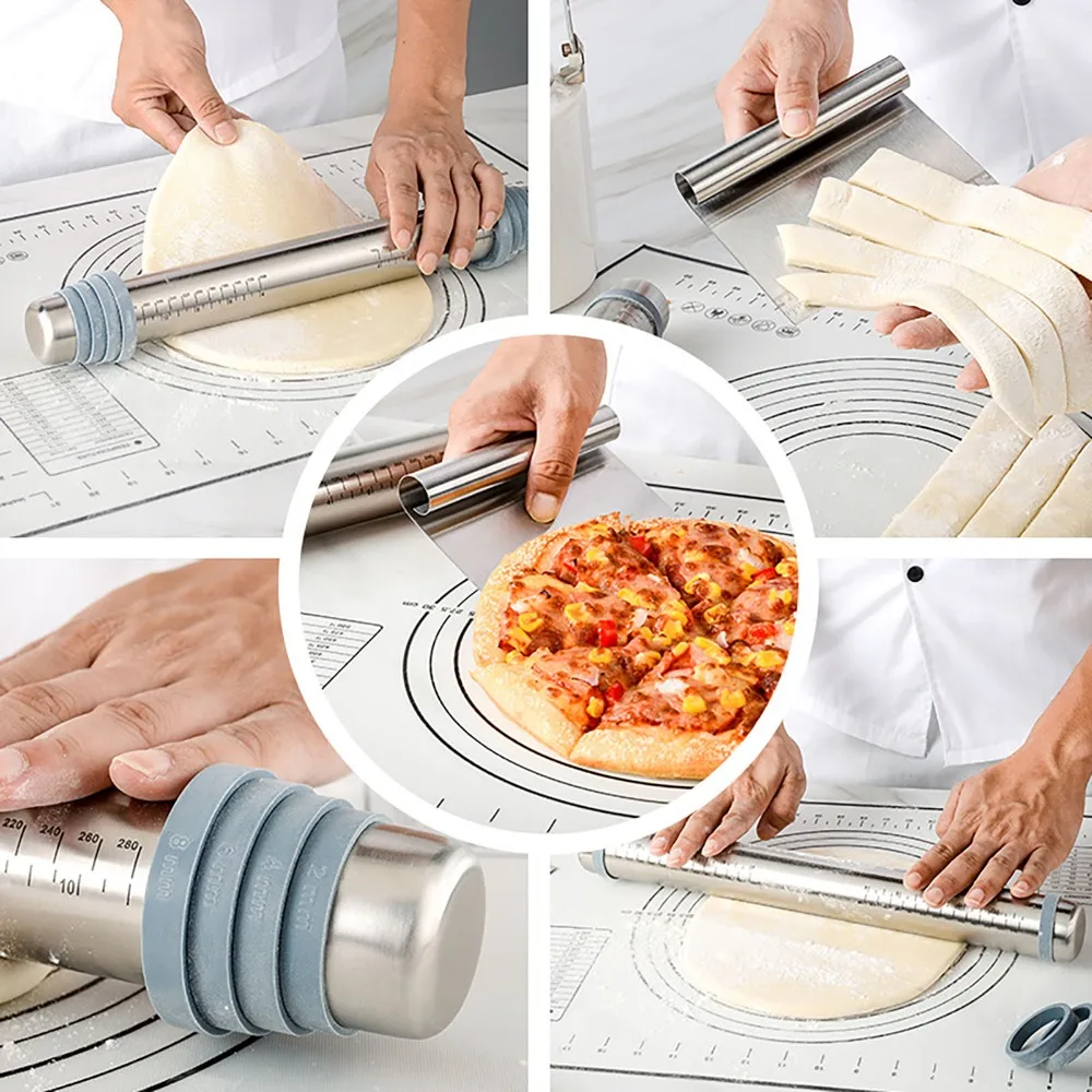 Stainless Steel Silicone Rolling Pin 4 Detachable Rings Non Stick Baking Mat Heat Resist Measurement Markings