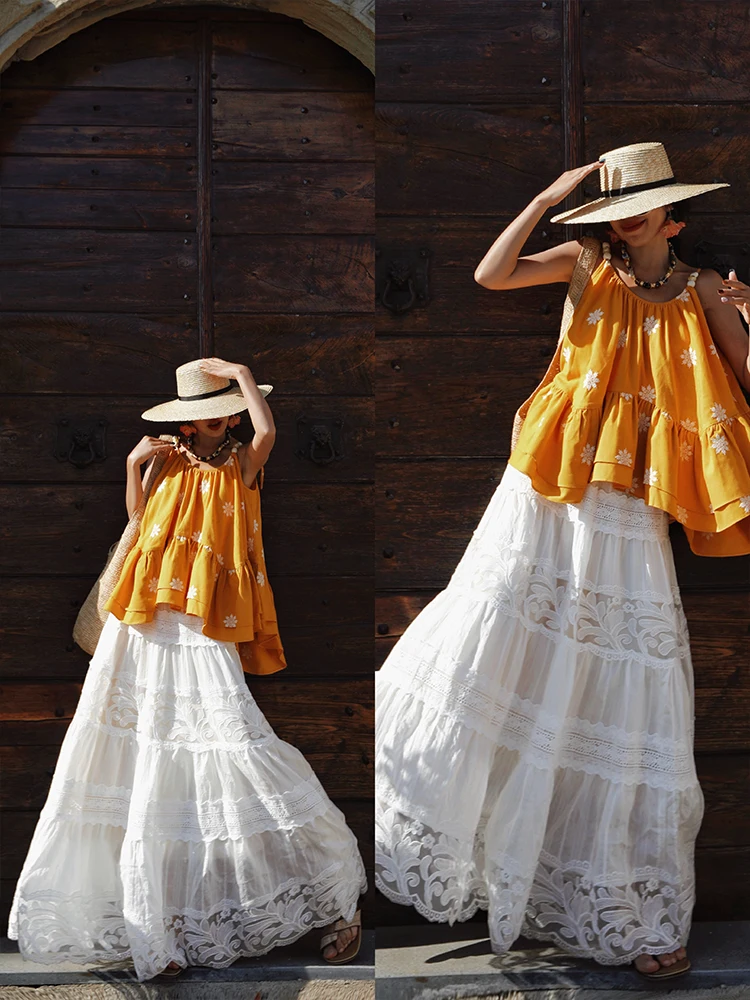 Tiyihailey saia longa maxi para mulheres renda branca malha retalhos saias senhoras cintura elástica, primavera verão nova moda 2025 uma linha