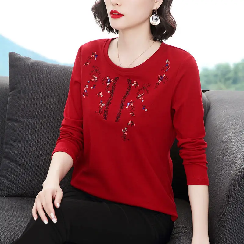 Pure Cotton Exquisite Embroidery Plus Size Comfortable Spring Summer Round Neck Long Sleeve Women\'s Clothing Floral T-Shirts