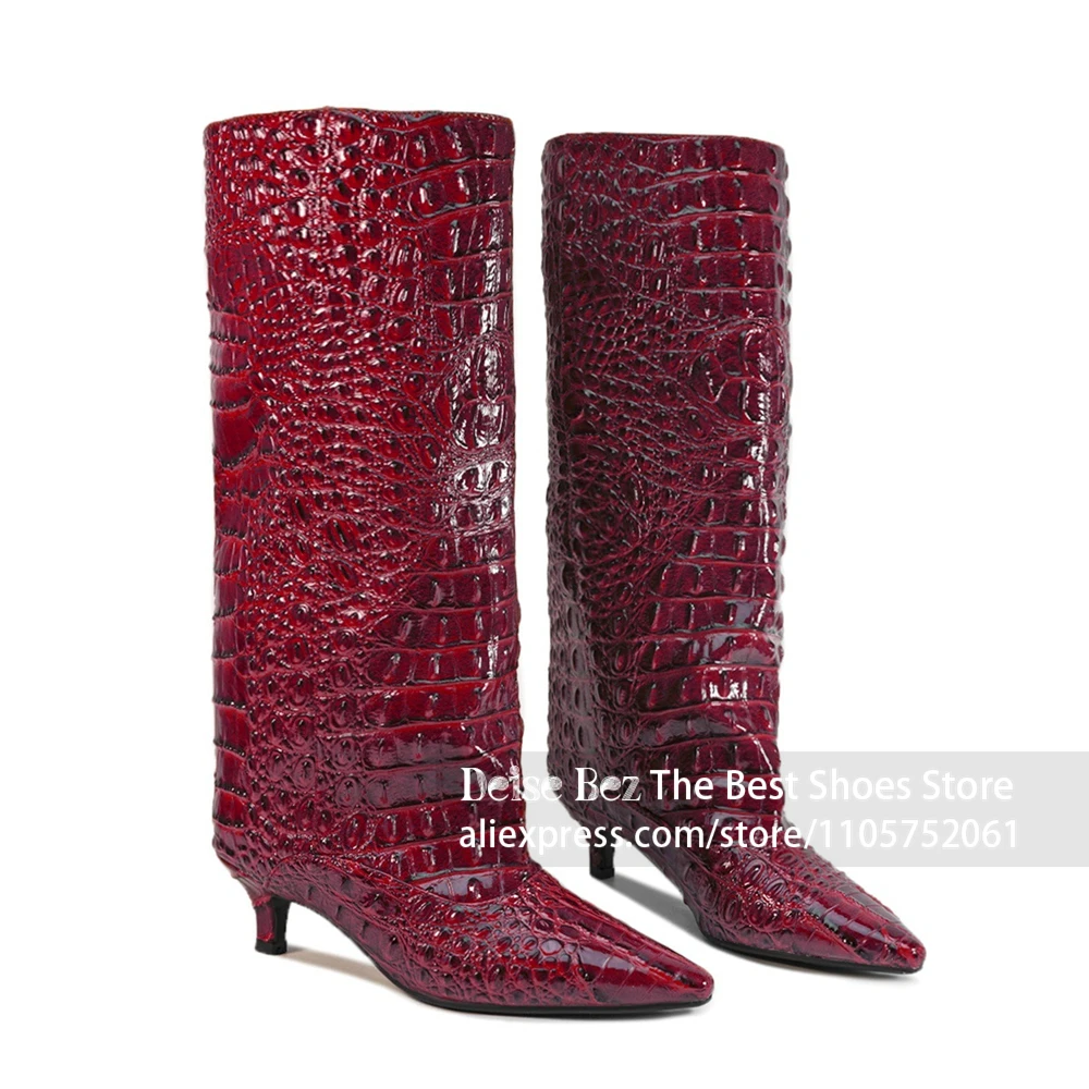Embossed Pu Leather Knee High Stiletto Boots Pointed Toe Glossy Alligator Pattern Dress Boots Straight Tube Mid Heel Women Boots