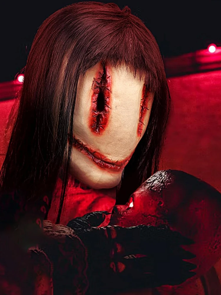 Maschera da festa in maschera horror di Halloween Maschera da festa insanguinata realistica horror smiley Cosplay Maschera pullover in lattice complicata con oggetti di scena per costumi per capelli