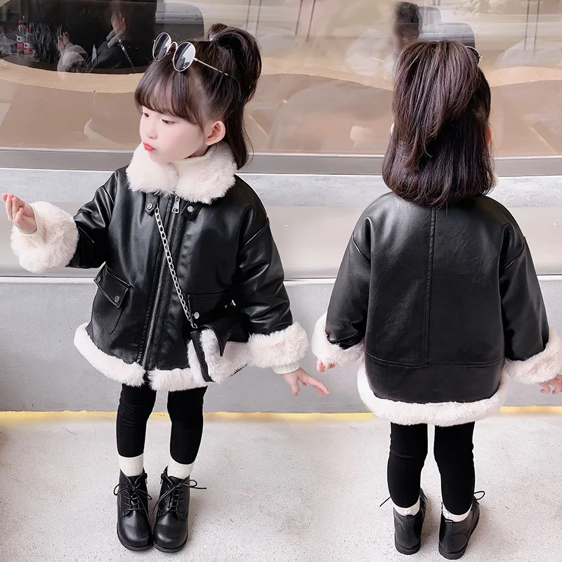 Girls Coat Jacket Cotton Outwear Overcoat 2022 PU Warm Thicken Plus Velvet Winter Autumn Teenager Children\'s Clothing