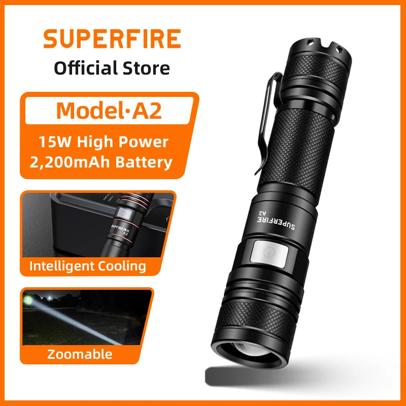 SUPERFIRE A2 15W Super Bright Flashlight Led Rechargeable Zoom Torch Mini Aluminium Alloy Light Portable Fishing Camping Lantern