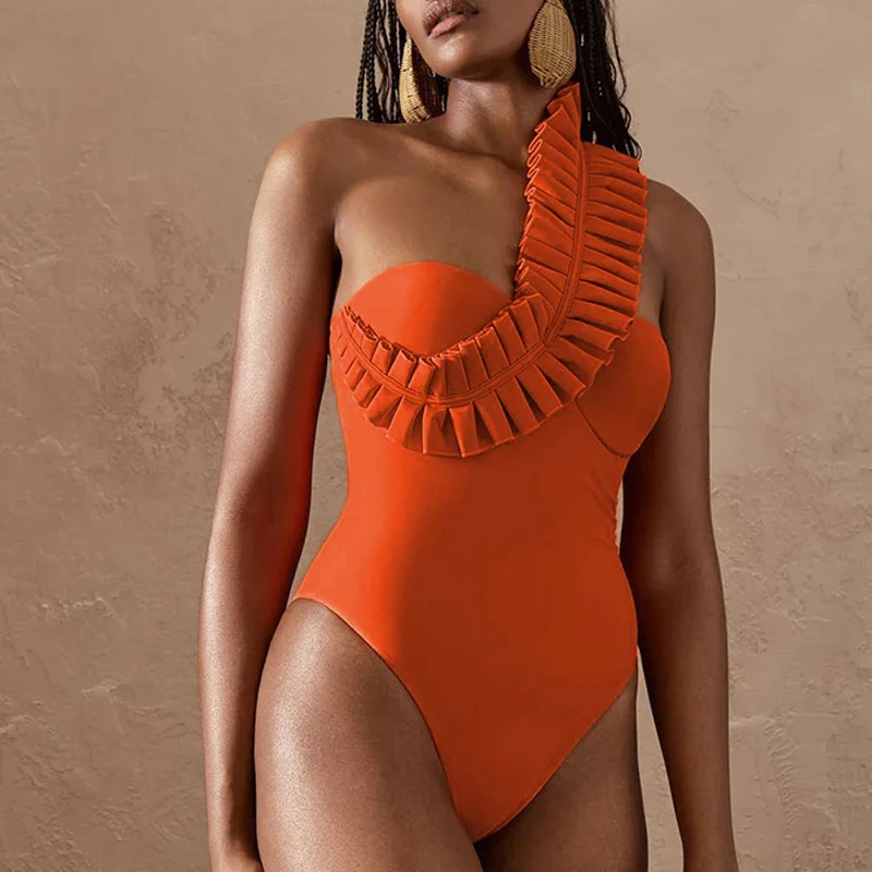 Sexy Diagonal Collar Edge Ruffles One Piece 2025 Women Solid Color Bikini Top Fashion Non-regular Slim Tummy Control Bodysuit