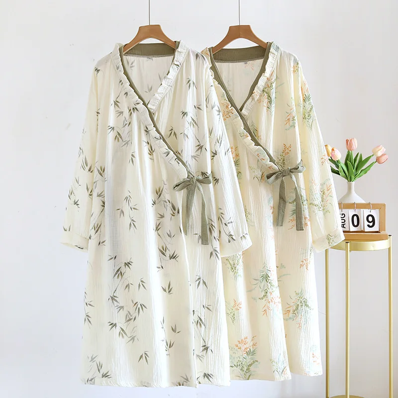 

Повседневное 100% двойное марлевое морщинистое хлопковое платье, свежее ночное платье, женское летнее спальное платье с длинными рукавами, женский халат