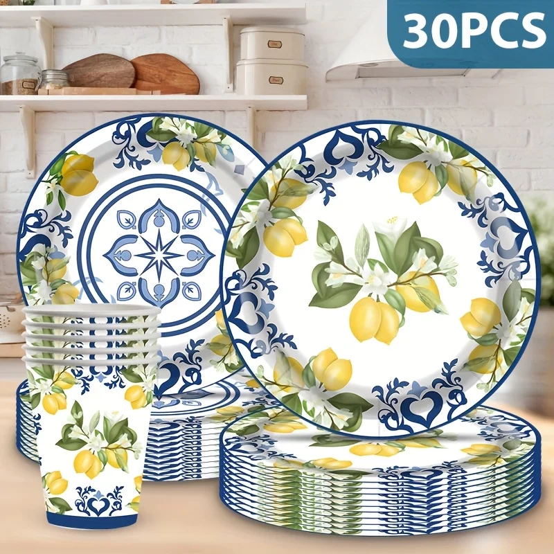 30-teiliges mediterranes Zitronen-Party-Geschirrset, elegante blaue Fliesen-Pappteller und -becher für Hochzeit, Junggesellenabschied, Geburtstagsdekoration