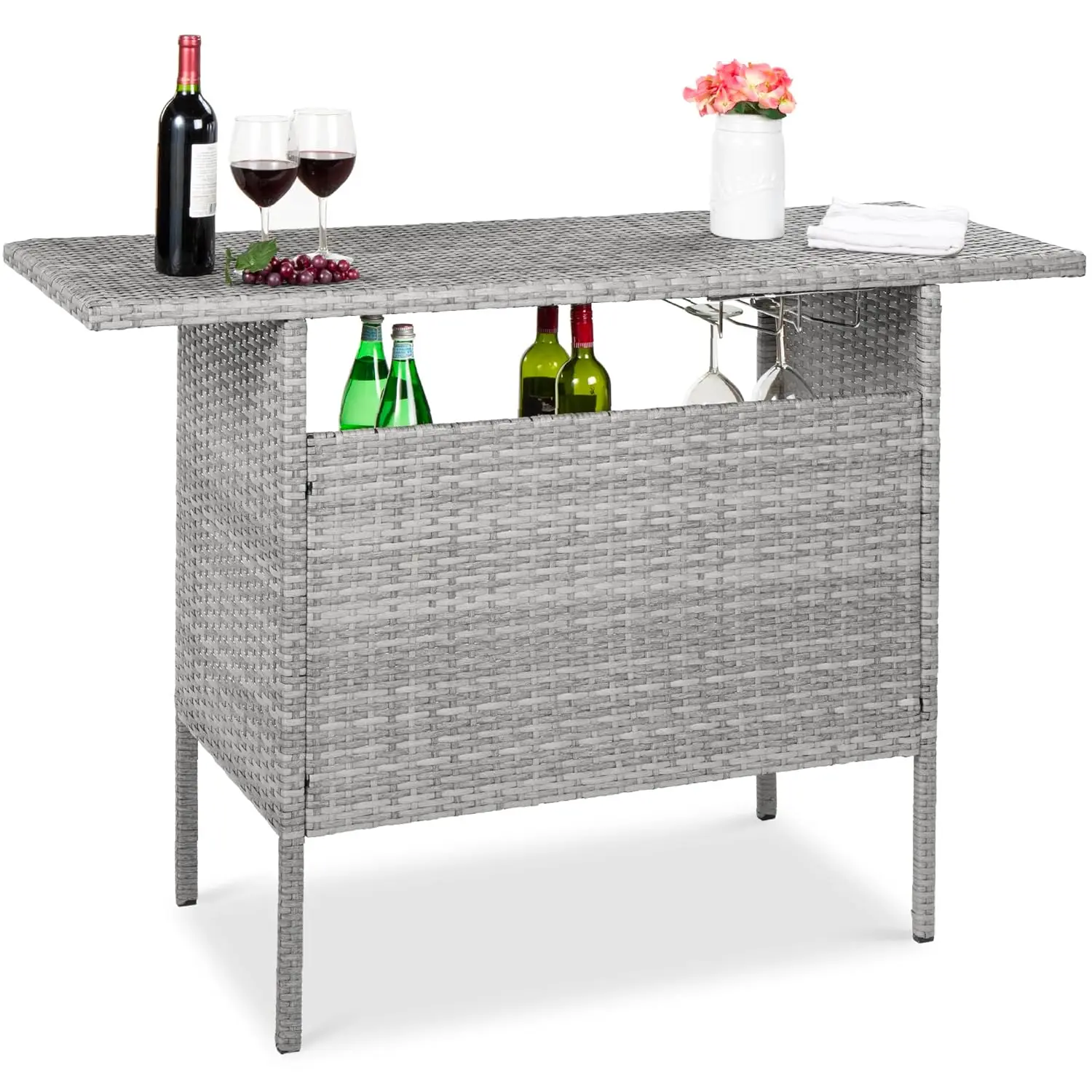

Outdoor Patio Wicker Bar Counter Table Backyard Furniture w/ 2 Steel Shelves and 2 Sets of Rails - Gray, Customized