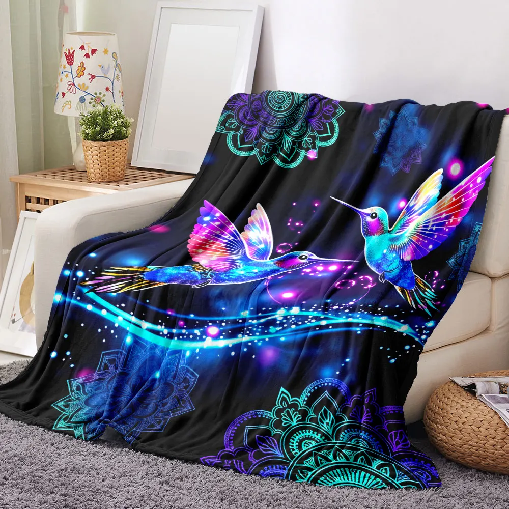 Magical Hummingbird Galaxy Blanket - Iridescent Neon Bird & Mandala Floral Patterns, Glowing Light Trails, Starry Black Backg