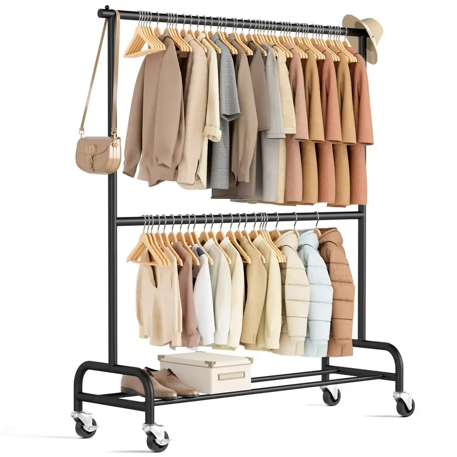 

Heavy Duty Clothes Rack for Hanging Clothes Rolling Clothing Rack Heavy Duty on Wheels for Coat, Garment, Matte Black Double Rod