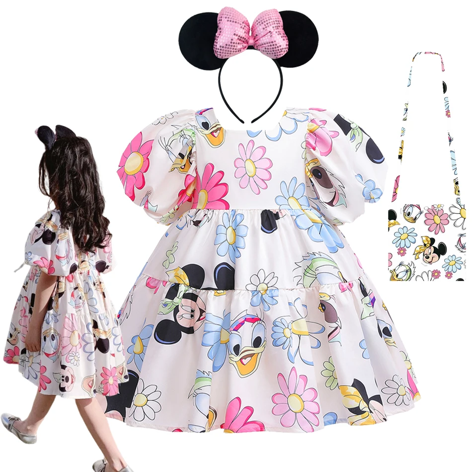 

Mickey Minnie Mouse Girls Summer Casual Dress Kids Toddler Flower Cartoon Puff Sleeve Clothes Princess Birthday Party Vestidos