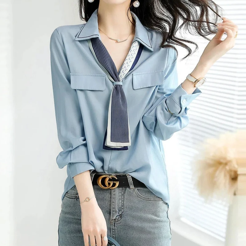 Spring New Office Lady Simplicity V Neck Blouse Long Sleeve Polo Neck Solid Color Loose Shirt Tops Elegant Fashion Women Clothes