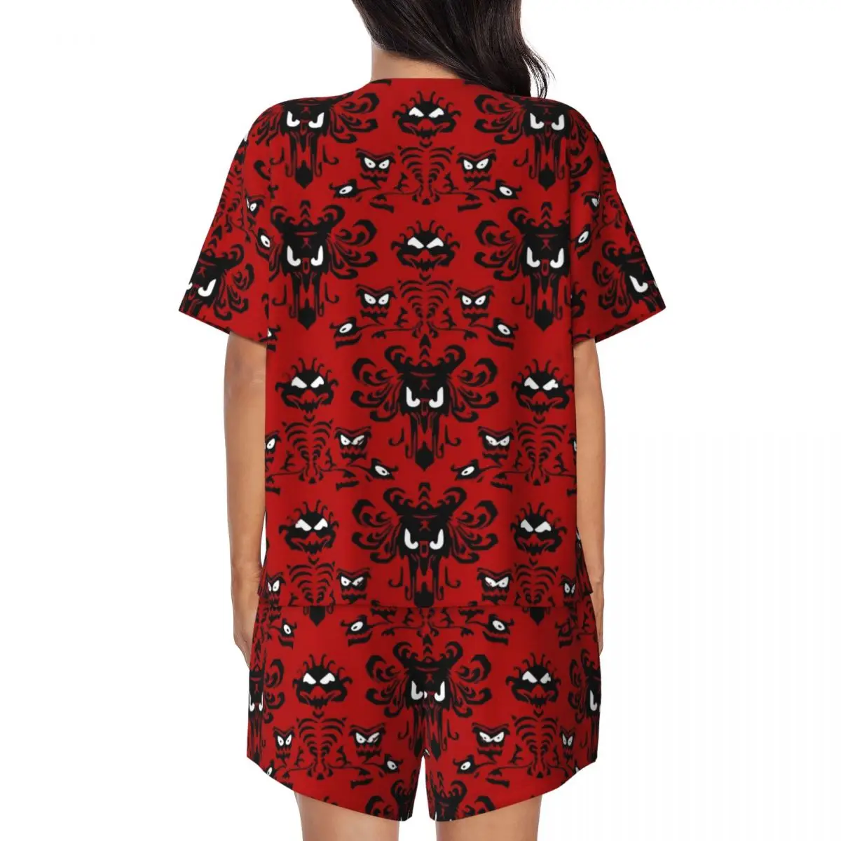 Red Haunted Mansion Pajamas Retro Print Short Sleeve Elegant Pajama Sets Two Piece Casual Summer Custom Home Suit Gift