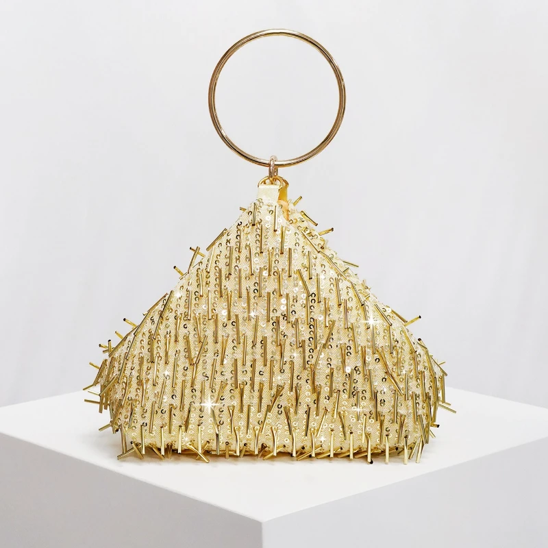 Silver Sequins Tassel Triangle Evening Clutch Bag Women Metal Ring Handle Wristlet Purse Sparkly Party Wedding Prom Handbag