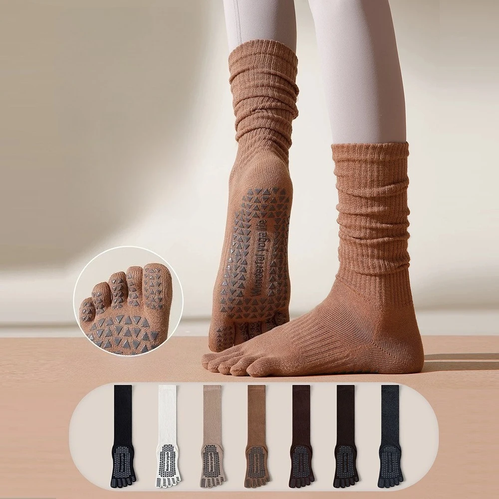 

Носки для йоги, женские спортивные длинные носки с пятью пальцами, чулки, профессиональные нескользящие носки для пилатеса, тренировки в помещении, тренажерный зал, фитнес, напольные носки