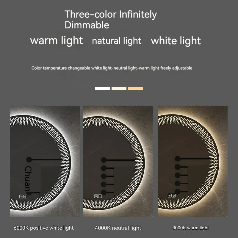 50CM Round LED Bathroom Mirror 3 Color Adjustable Backlight With Smart Hotel Bedroom Defogging Decorative Mirror