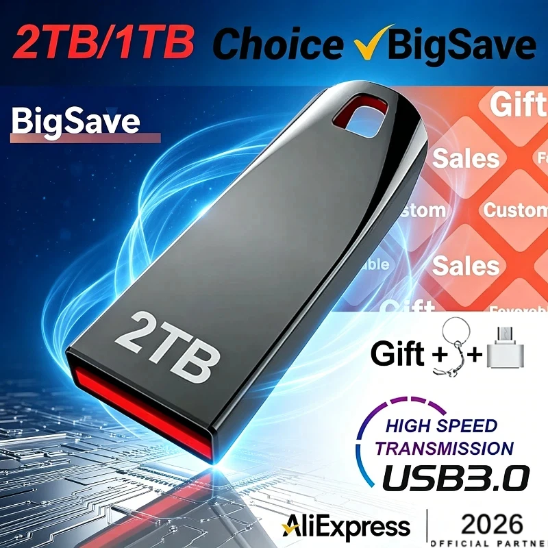 Mini unidad flash USB 3,2 de 2TB, transferencia de datos de alta velocidad, gran capacidad de 1TB, almacenamiento portátil ultrarrápido, elegante y duradero, disco U