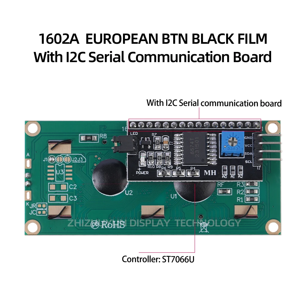 1602A IIC Adapter Board European Character LCD Module Display Screen BTN Black Film Yellow 80*36Mm Character Display Screen