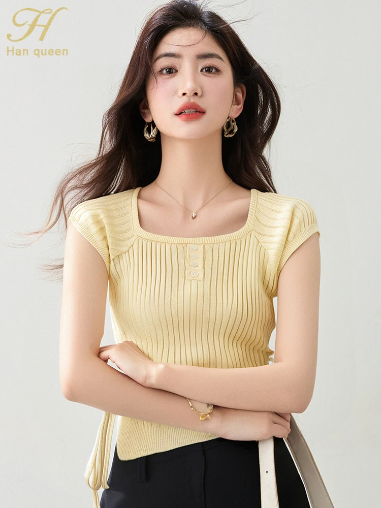 

H Han Queen 2025 Summer Tops Shirt Women's Sweater Chic Thin Casual Knitted Pullover Sweate Korean Short Sleeve Woman Clothing