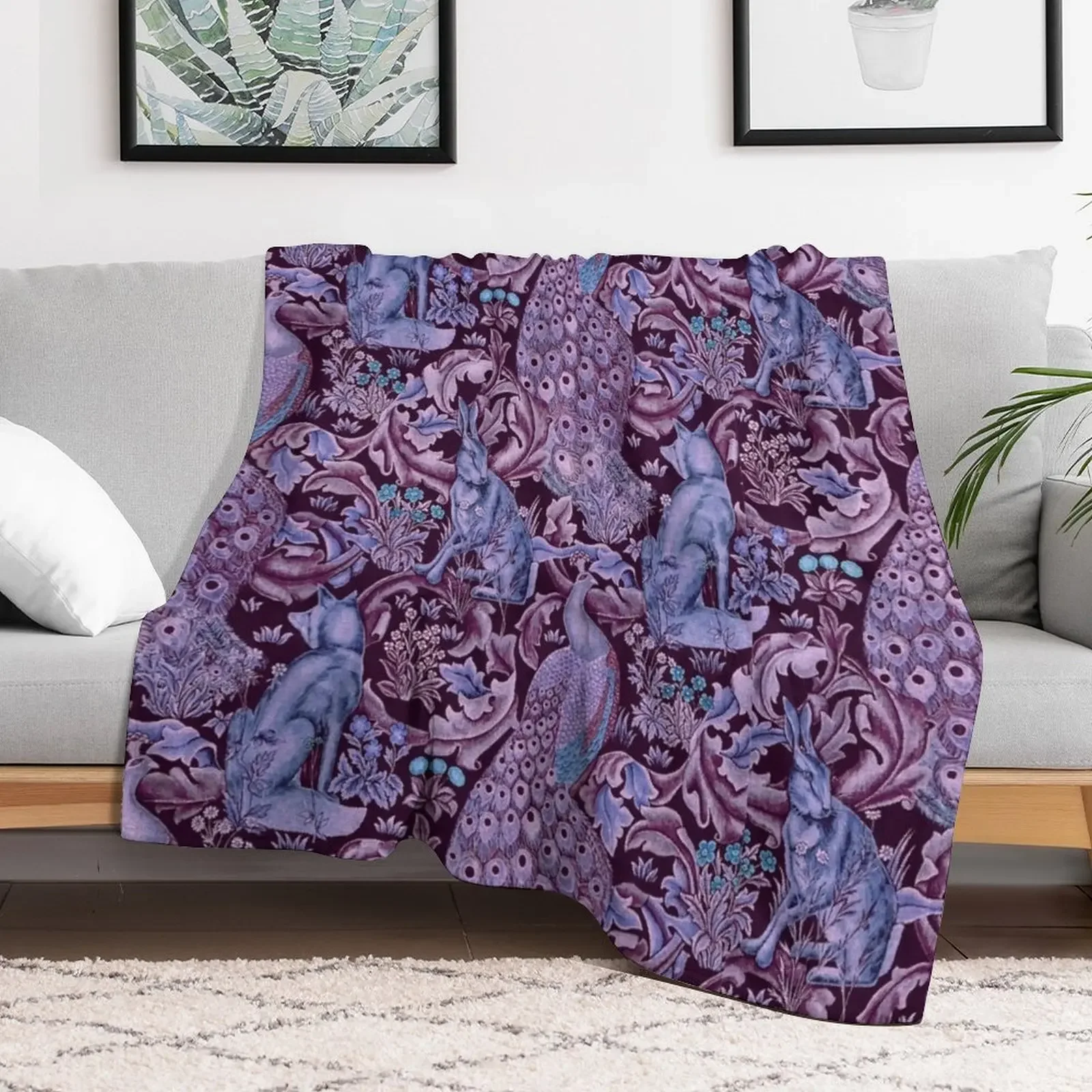 FOREST ANIMALS ,PEACOCKS, FOX AND HARE IN BLUE PURPLE LEAVES FLORAL PATTERN Throw Blanket Giant Sofa Summer Beddings Blankets