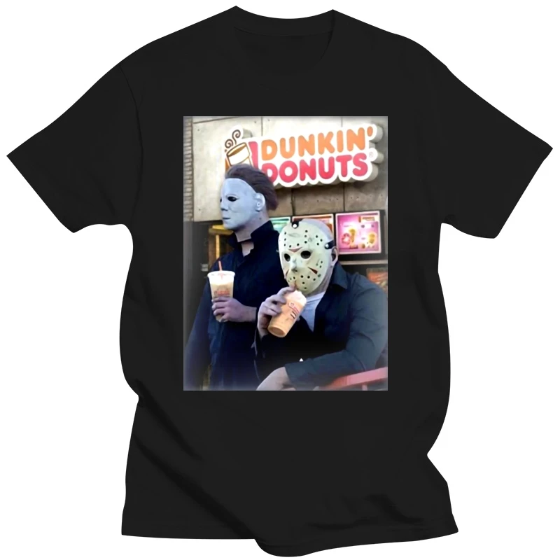 Dukin' Donuts Jason Voorhees Michael Myers Halloween Funny Black T Shirt. Teenage Pop Top Tee Shirt