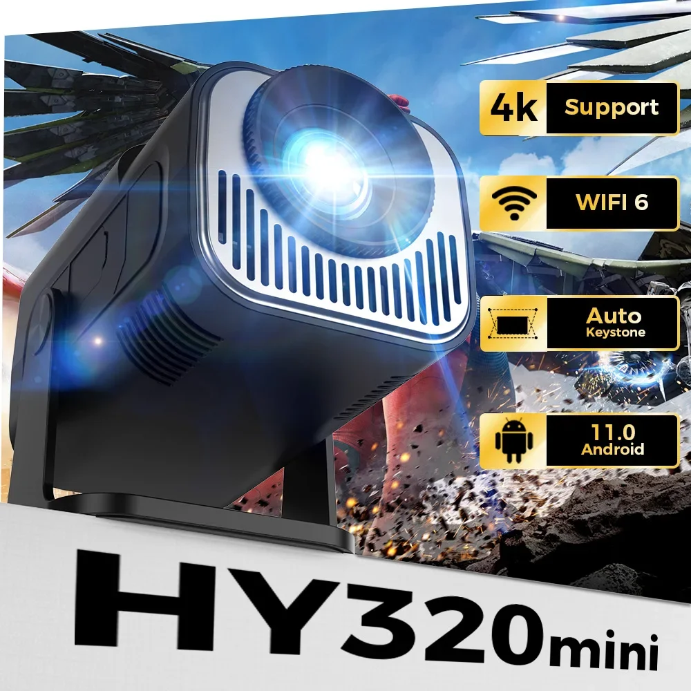 

KaiAqua HY320mini Newly 4K Native 1080P Android 12 Projector 390ANSI Wifi6 BT5.0 Cinema Outdoor Portable 180° Rotable Projector