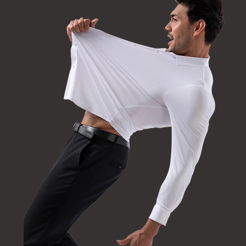 

High stretch men's long sleeved business casual seamless, wrinkle free, wrinkle resistant men's silk sliding and hanging shirt