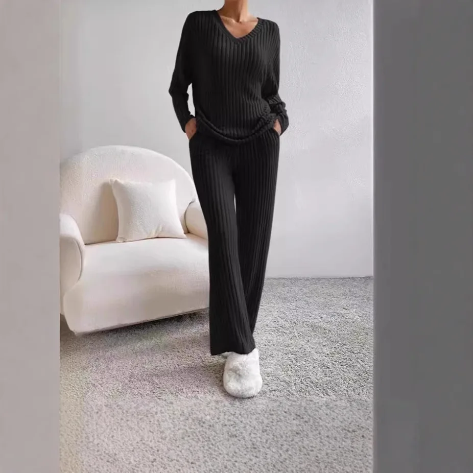 

Women's Casual Knitted V-neck Striped Straight Leg Pants Fashionable Loose Fit Autumn Set Two Pieces Korean Style Leisure Spo...