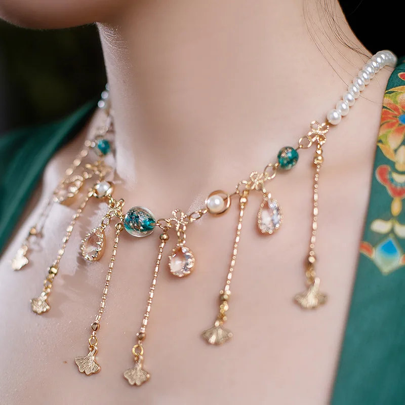 

Chinese Retro Style Luminous Beads Ginkgo Leaves Soft Jewelry Luo Ming Made Plain Neck Women's Necklace Classical Accessories