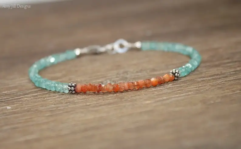 Sunstone & Apatite Bracelet, Bali Silver Beads, Apatite Jewelry, Gemstone Bracelet