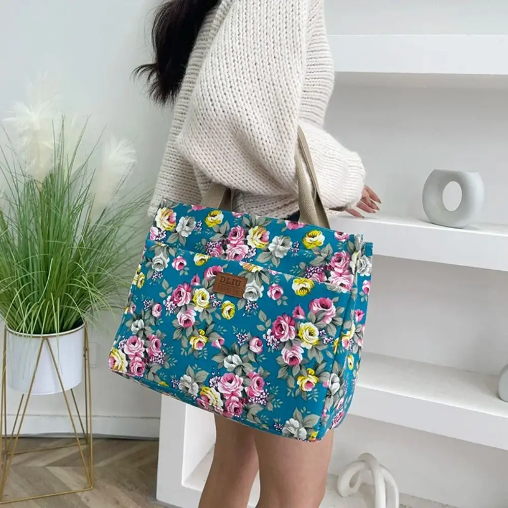 Fashion Floral Print Tote Bag New Ethnic Style Portable Canvas Lunch Bag Large Capacity Women Casual Handbag