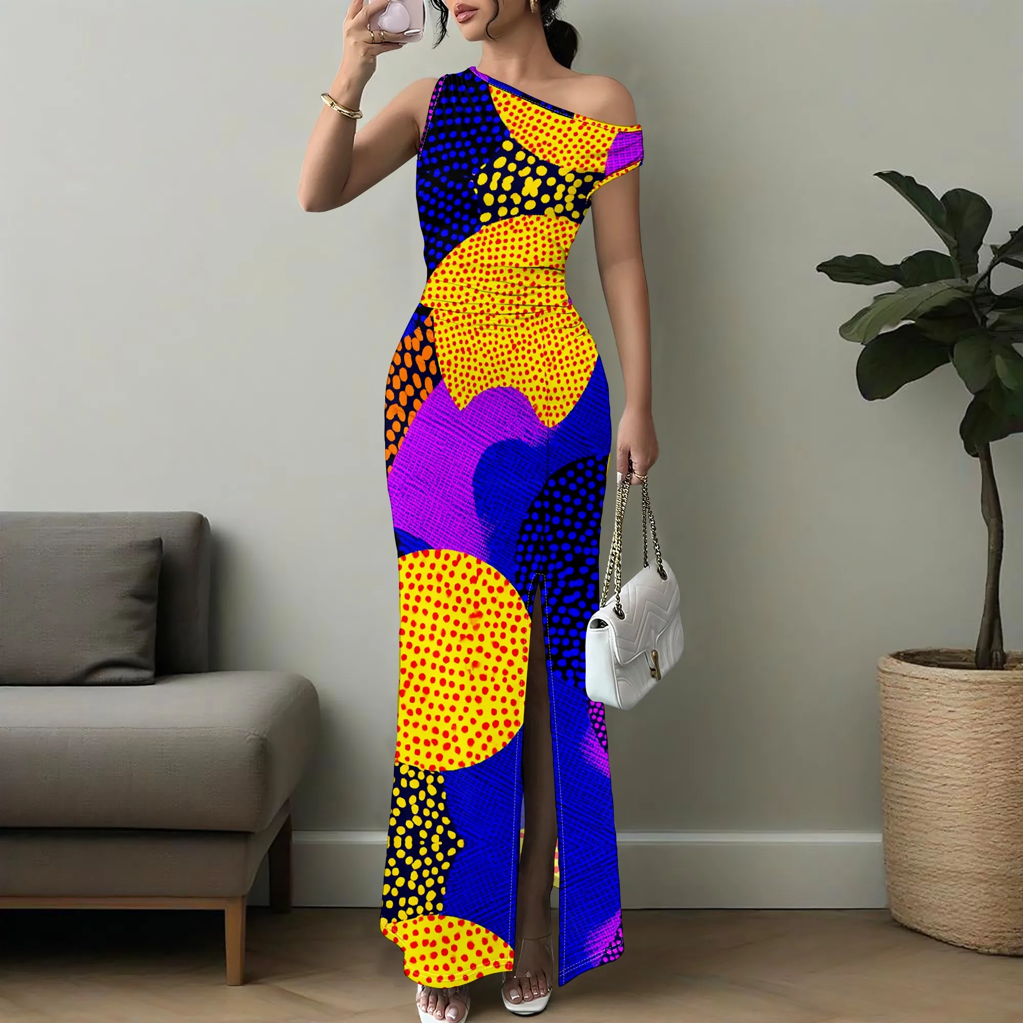 

Women's One Shoulder Maxi Dress with Slit Bodycon Abstract Print Long Party Dress XS-3XL
