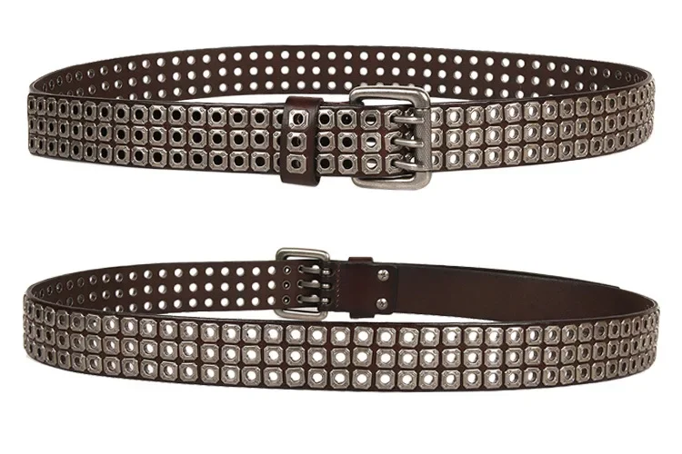 Metal Punk Hollow Rivets Alloy Buckle Men's First Layer Cowhide Belt Women's Three-pin Buckle MenCeinture Homme KBP0001