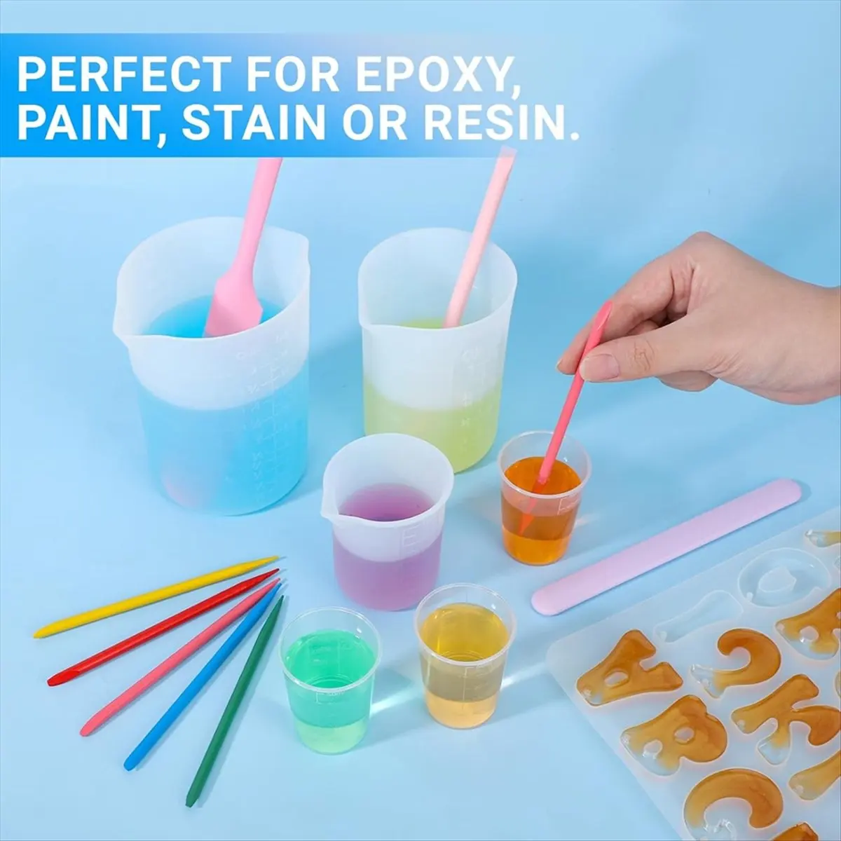 DT1066 TRENDY~Resin Mixing Cups and Sticks, Graduated Cups, Pointed Stir Sticks for Mixing Paint, Stain, Epoxy, Resin 50ml